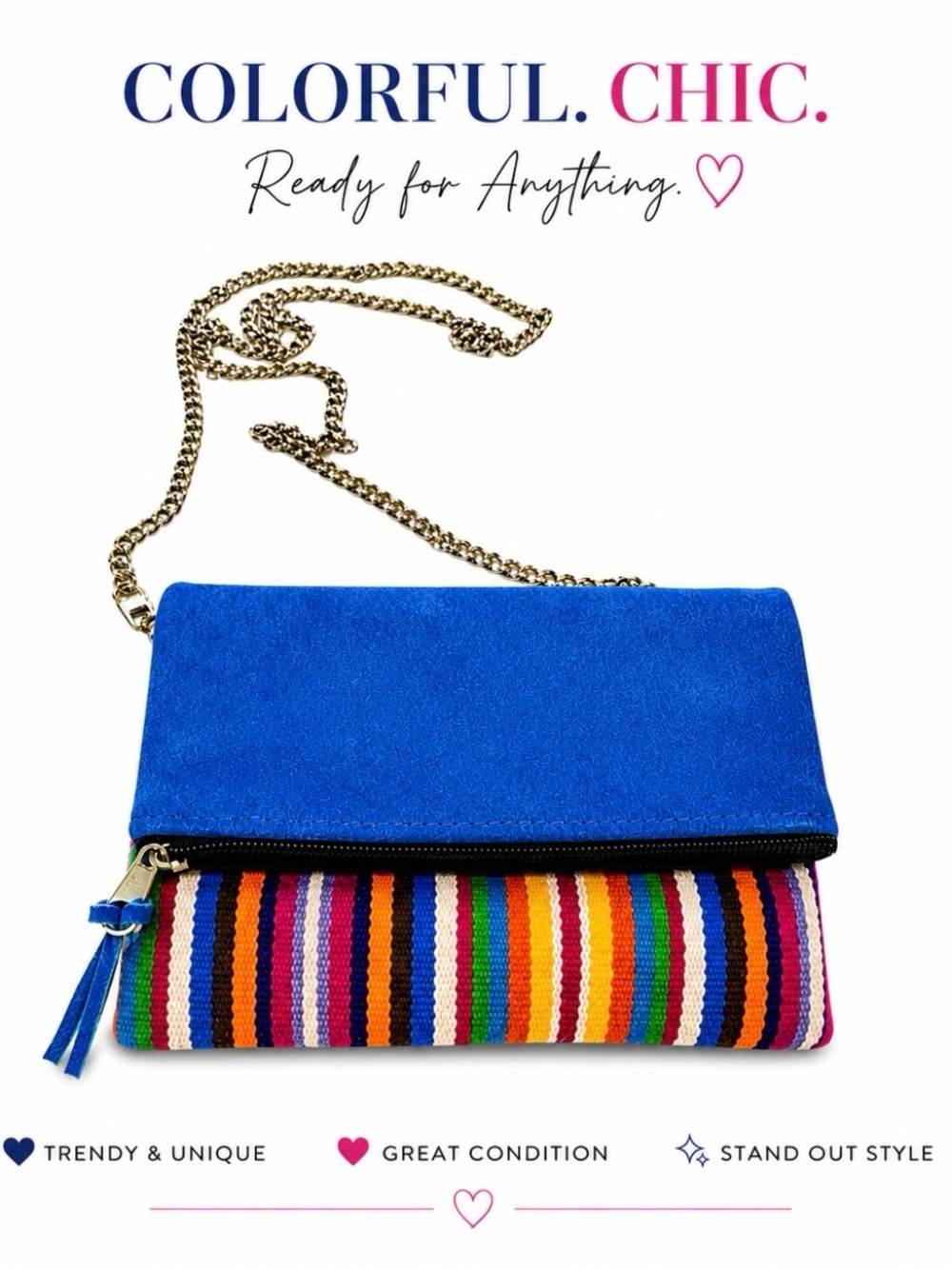 Colorful  Suede Crossbody Teal Blue with Rainbow Stripe Accent